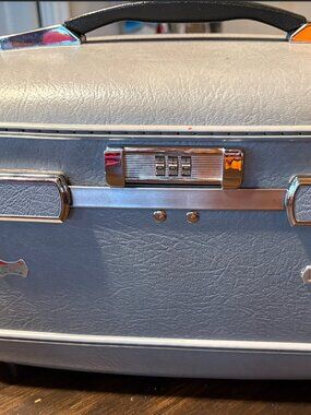 Vintage 1970s American Tourister Hard Shell Train Case - Blue Gray Makeup Vanity